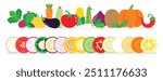 A set of full fresh vegetables, Slice of Carrot, corn, cucumber, Daikon, Eggplant, Hot pepper, Lemon, peas, Pumpkin, Radish, Red Onion, Potato, Tomato, Onion, zucchini, simple flat vector illustration