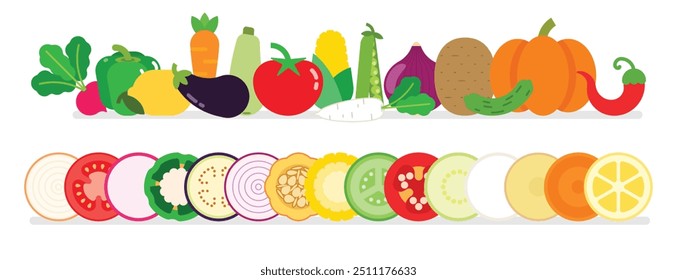 Um conjunto de vegetais frescos completos, Fatia de cenoura, milho, pepino, Daikon, berinjela, pimenta quente, limão, ervilhas, abóbora, rabanete, cebola vermelha, batata, tomate, cebola, abobrinha, ilustração simples vetor plana