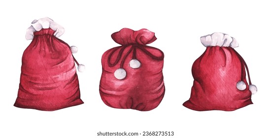 Set Full gift santa claus red bag. Christmas decorative element. Watercolor illustration.