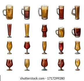 Set of full glass of beer with foam isolated on white background. Hand drawn alcohol drink glass collection. For pub menu, cards, posters, prints, packaging. Engraving style. Vector illustration