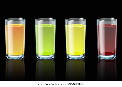 set of full glasses of different juice