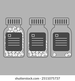 Set of full, half filled and with several pills in plastic bottles. Vitamins, antibiotic drugs in jar
