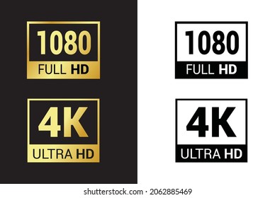Set of Full Hd 1080, Ultra Hd 4K high definitoin symbol golden gradient and black color on white background