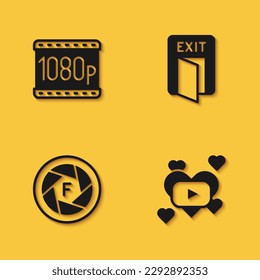 Set Full HD 1080p, Romantic movie, Camera shutter and Fire exit icon with long shadow. Vector