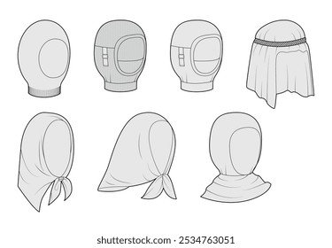 Set of full head and face Hats and Scarfs - Headscarf, Balaclava Keffiyeh Snood Hijab. Head Fashion accessory cap clothing technical illustration. Vector headgear flat template mockup sketch isolated