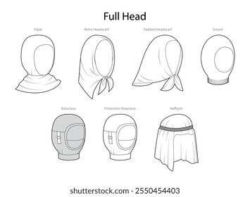 Conjunto de cabeça cheia e rosto Chapéus e Lenços com texto de nome - Lenço de cabeça, Balaclava Keffiyeh Snood Hijab. Cabeça Moda capa de acessório ilustração técnica. Contorno de esboço de modelagem CAD de modelo plano de vetor