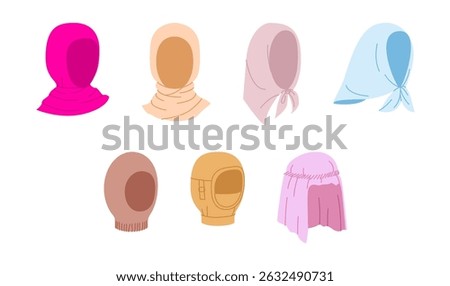 Set of full head and face Hats and Scarfs - Headscarf, Balaclava Keffiyeh Snood Hijab. Head Fashion accessory cap clothing technical illustration. Vector headgear flat template mockup sketch isolated