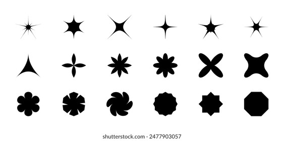 Set of Full Icon - stars, flowers, sparks and polygon. Abstract design Elements. Swirl, triangle, flash. Collection black geometric shapes. Y2k aesthetic. Label, banges. Isolated. Vector illustration