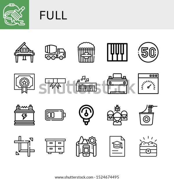 Set of\
full icons. Such as Paint bucket, Piano, Concrete mixer, Popcorn,\
Speed limit, Degree, Car battery, Speedometer, Battery, Gauge,\
Organization, Instant noodles , full\
icons
