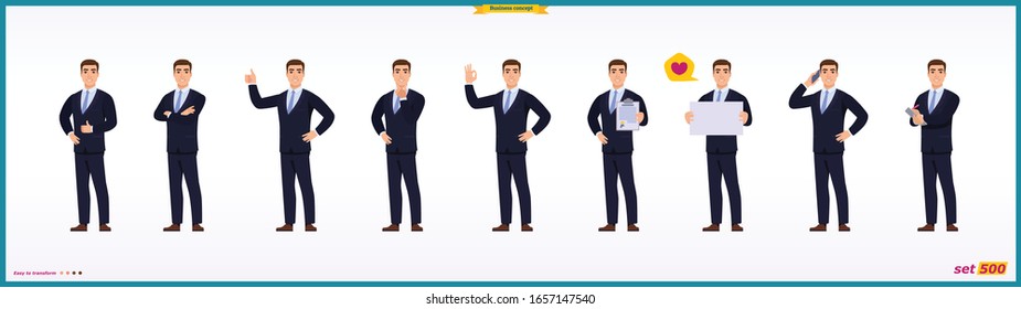 Set of full length business character in suit expressing feelings and emotions.Business concept.Isolated vector on white.Man in business suit.Flat-style for animation.Business people character design.