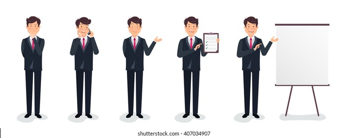 Set of full length business character in a suit expressing feelings and emotions. Business concept. Manager in different poses. Vector flat illustration. Eps 8