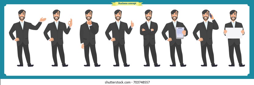 Set of full length business character in suit expressing feelings and emotions.Business concept.Isolated vector on white.Man in business suit.Flat-style for animation.Business people character design.