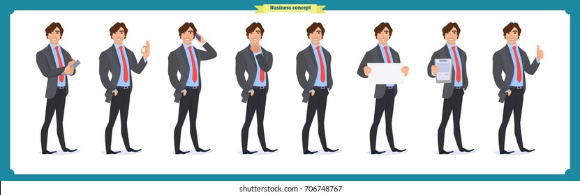 Set of full length business character in suit expressing feelings and emotions.Business concept.Isolated vector on white.Man in business suit.Flat-style for animation.Business people character design.