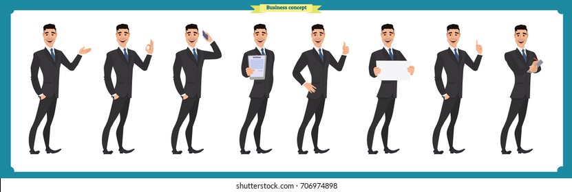 Set of full length business character in suit expressing feelings and emotions.Business concept.Isolated vector on white.Man in business suit.Flat-style for animation.Business people character design.