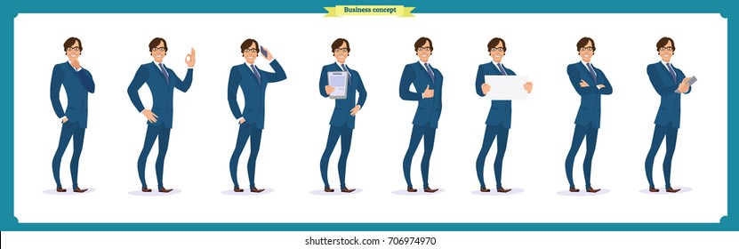 Set of full length business character in suit expressing feelings and emotions.Business concept.Isolated vector on white.Man in business suit.Flat-style for animation.Business people character design.