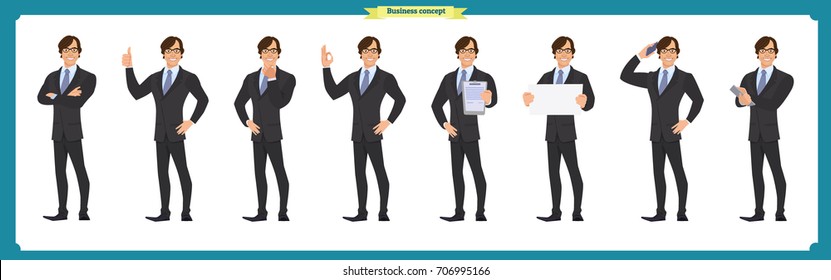 Set of full length business character in suit expressing feelings.Business concept.Isolated vector on white.Man in business suit.Flat-style for animation.Businessman working character design set.