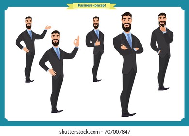 Set of full length business character with a beard in suit expressing feelings.Business concept.Isolated vector on white.Man in business suit.Flat-style for animation.Business people character design.