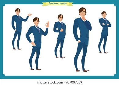 Set of full length business character in suit expressing feelings and emotions.Business concept.Isolated vector on white.Man in business suit.Flat-style for animation.Business people character design.