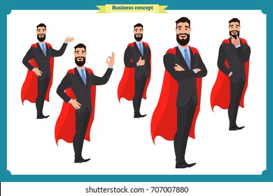 Set of full length business character with a beard in suit expressing feelings.Business concept.Isolated vector on white.Man in business suit.Flat-style. Heroes business people character design.