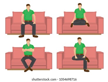 Set of full length casual man in various sitting positions isolated on white background. Vector illustration design.
