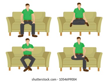 Set of full length casual man in various sitting positions isolated on white background. Vector illustration design.