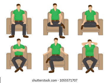 Set of full length casual man in various sitting positions isolated on white background. Vector illustration design.