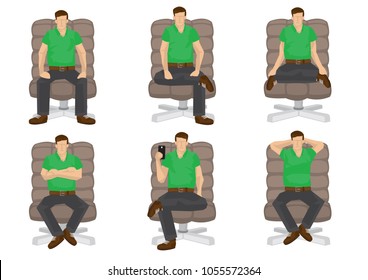 Set of full length casual man in various sitting positions isolated on white background. Vector illustration design.