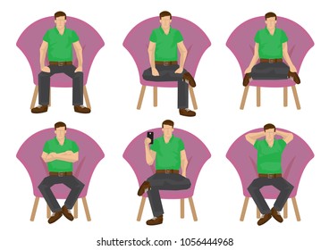 Set of full length casual man in various sitting positions isolated on white background. Vector illustration design.