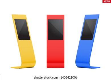 Set of of Full length information kiosk with touchscreen. Used in the interiors of shopping mall and exhibition place. Mockup Screen. Vector Illustration isolated on white background.