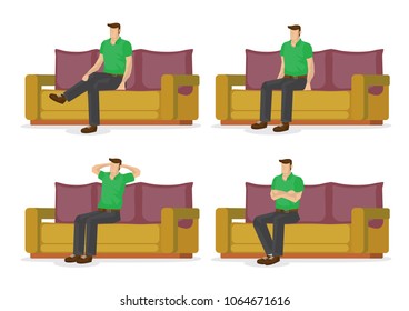 Set of full length man in various sitting positions isolated on white background. Vector illustration design.