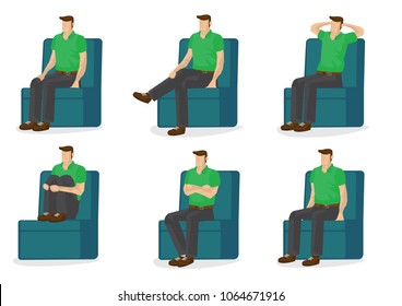 Set of full length man in various sitting positions isolated on white background. Vector illustration design.