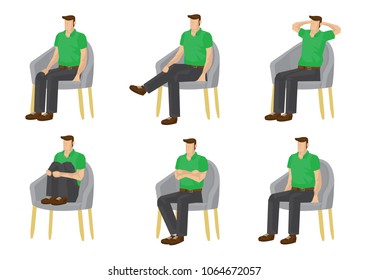 Set of full length man in various sitting positions isolated on white background. Vector illustration design.