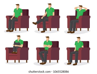 Set of full length man in various sitting positions isolated on white background. Vector illustration design.