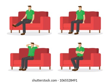 Set of full length man in various sitting positions isolated on white background. Vector illustration design.