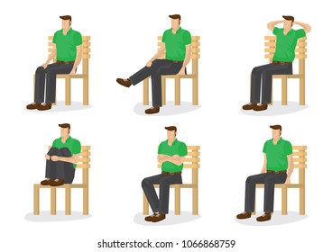 Set of full length man in various sitting positions isolated on white background. Vector illustration design.