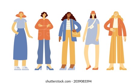 Set of full length modern female characters. Young women with different hairstyles, skin colors and ethnicities. Vector illustration, flat design. Isolated on white background 