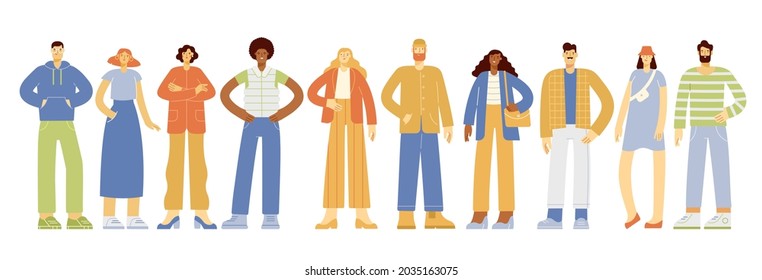 Set of full length portrait of diverse people. Young people with different hairstyles, skin colors and ethnicities. Diverse people or team standing together. Vector illustration in flat design