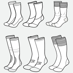Set Of Full Length Socks Flat Sketch Fashion Illustration Drawing Template Mock Up, Knee Length Socks Cad Drawing For Unisex Men's And Women's, Football Socks Design. Mid Calf Length Socks Drawing