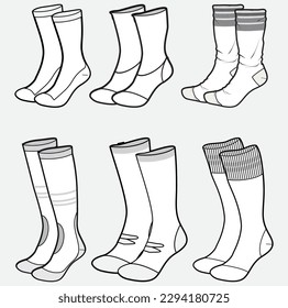 Set Full length Socks flat sketch fashion illustration drawing template mock up  Knee length socks cad drawing for unisex men's   women's  Football socks design  Mid calf length socks drawing