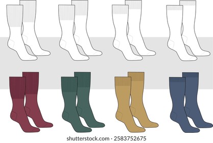 Set of Full length Socks flat sketch fashion illustration drawing template mock up, cad. 