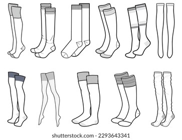 Set Full length Socks   stockings flat sketch fashion illustration drawing template mock up  Knee length socks cad drawing for unisex men's   women's  Tights socks hosiery drawing