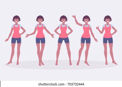 Set of full length woman in casual clothes wear or in sportswear. Different poses of sportswoman.