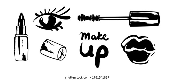 Set with Full lips in the form of a kiss with black lipstick and stylized eye, mascara. Make up lettering. Vector illustration. Hand drawn badge and symbol for logo, t-shirt design, textiles, for