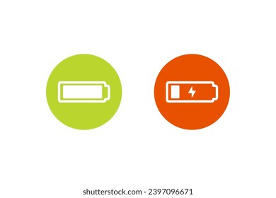 Conjunto de icono indicador de nivel de carga de batería completo y bajo. Ilustración de diseño de vector plano aislada en el fondo.