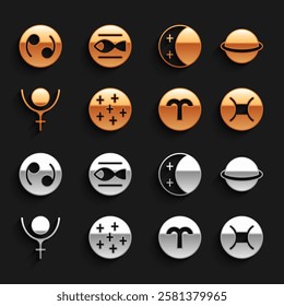 Set Full moon, Planet Saturn, Gemini zodiac, Aries, Symbol Pluto, Eclipse of the sun, Cancer and Pisces icon. Vector