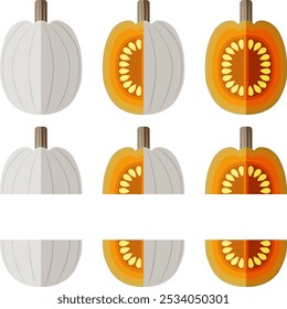 Set of Full Moon pumpkin. Winter squash. Cucurbita maxima. Vegetables. Flat style. Isolated vector illustration.