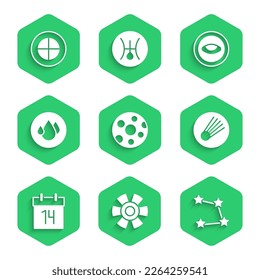 Set Full moon, Sun, Star constellation zodiac, Comet, Calendar, Water drop, Medallion with eye and Earth globe icon. Vector