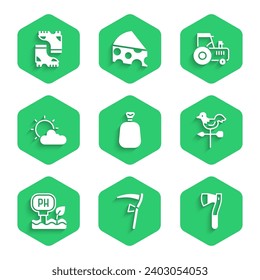 Set Full sack, Scythe, Wooden axe, Rooster weather vane, Soil ph testing, Sun and cloud, Tractor and Waterproof rubber boot icon. Vector