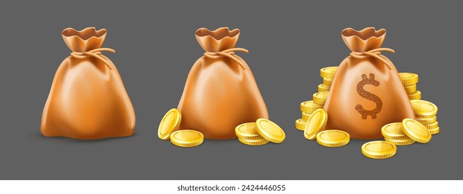 Set of full sacks cash money corded with rope and heaps gold coins. Banking concept financial realistic icon moneybag. Isolated on gray background. Vector illustration.