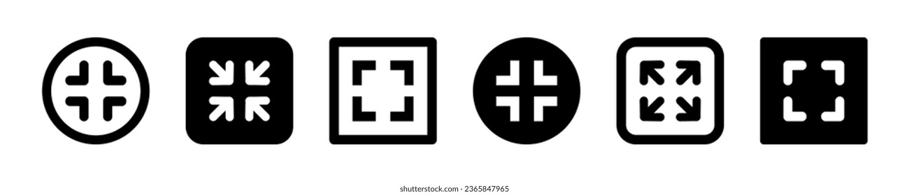 Set of full screen vector icons. Exit and entrance full screens. Small and bigger. Black buttons.